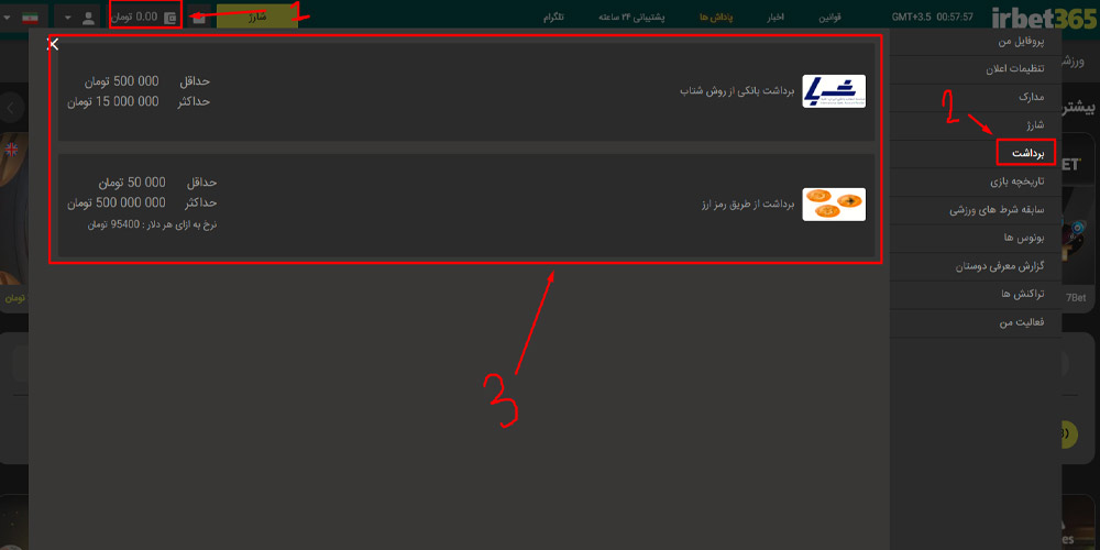 برداشت جوایز در آی آر بت